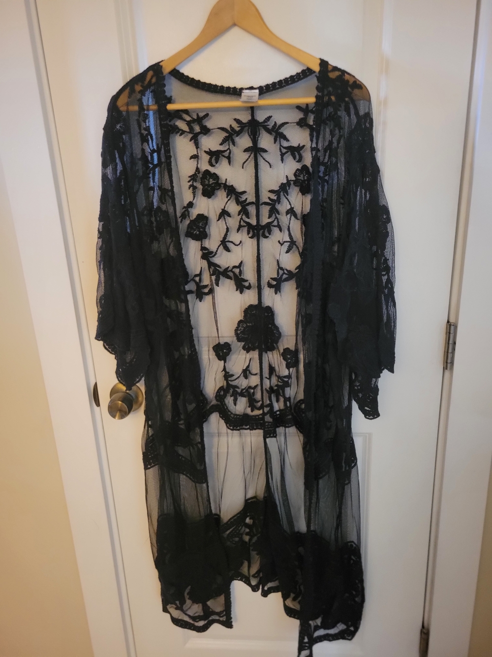 Black Sheer Embroidered Lace Kimono Robe